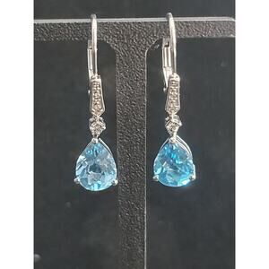 925 Sterling Silver P Star M 3Ct Pear Blue Topaz & Diamond Accent Drop‎ Earrings